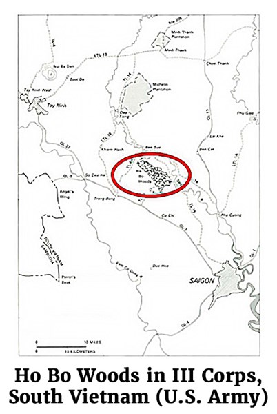 Map provided by the U.S. Army of Ho Bo Woods in III Corps in South Vietnam.